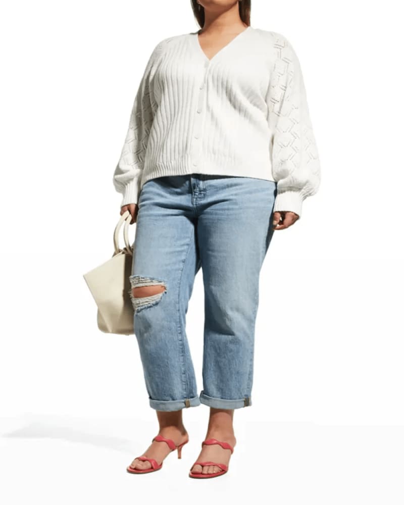 Front of a model wearing a size 3X Cotton Cashmere Pointelle Cardigan in White by Minnie Rose. | dia_product_style_image_id:308586